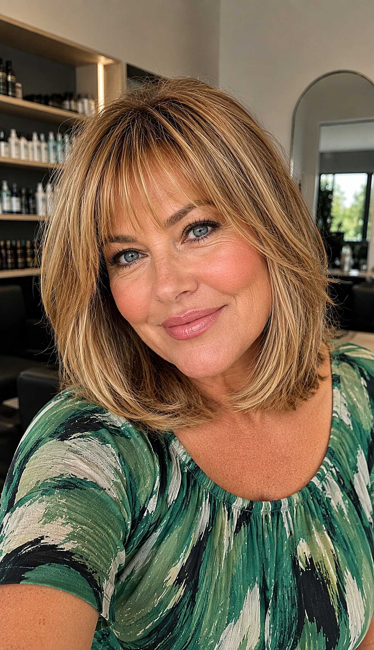 25+ Lob Hairstyles With Bangs You'll Want to Copy Golden blonde layered lob with soft feathered bangs