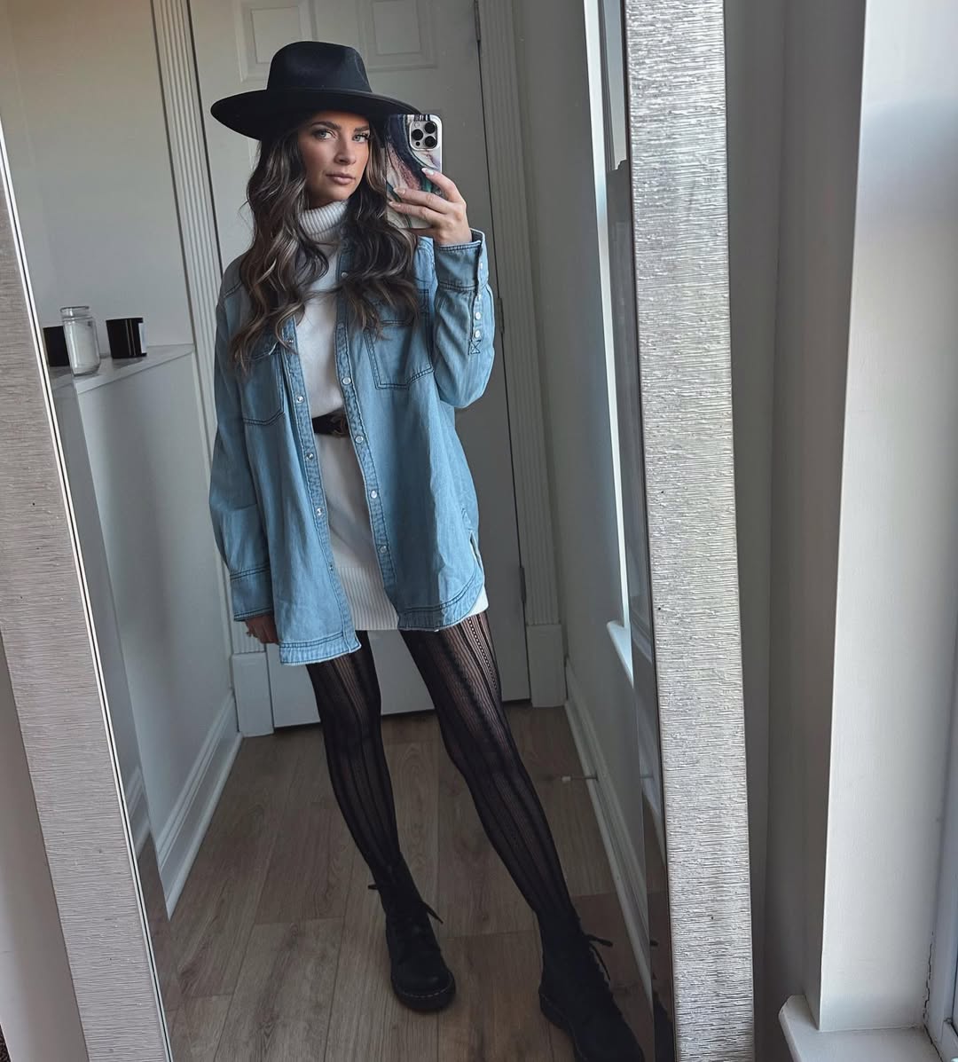 Denim Overshirt Over White Turtleneck Dress Look