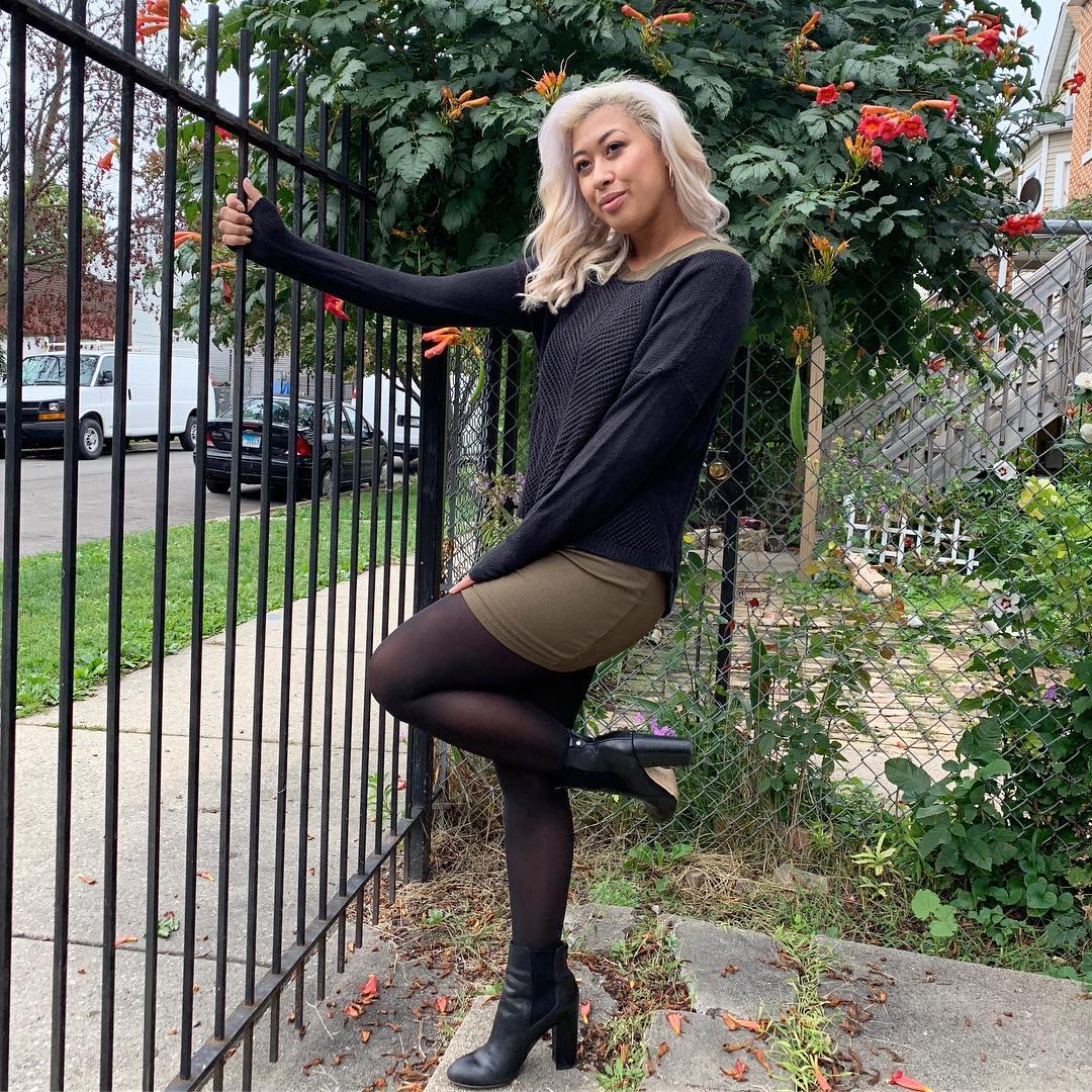 Textured Sweater And Mini Skirt With Tights