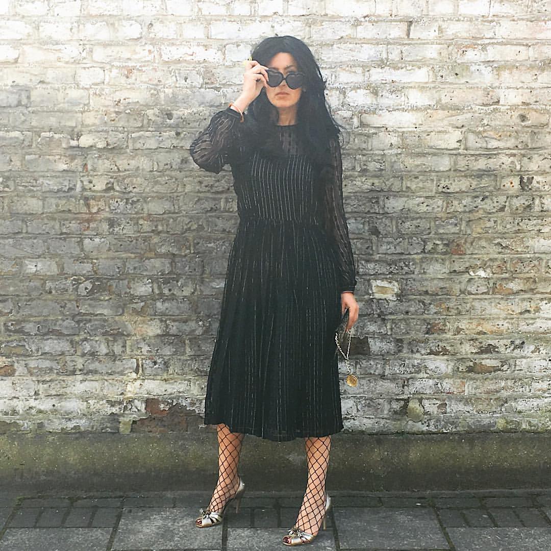 Velvet Midi Dress with Fishnet Tights and Heels