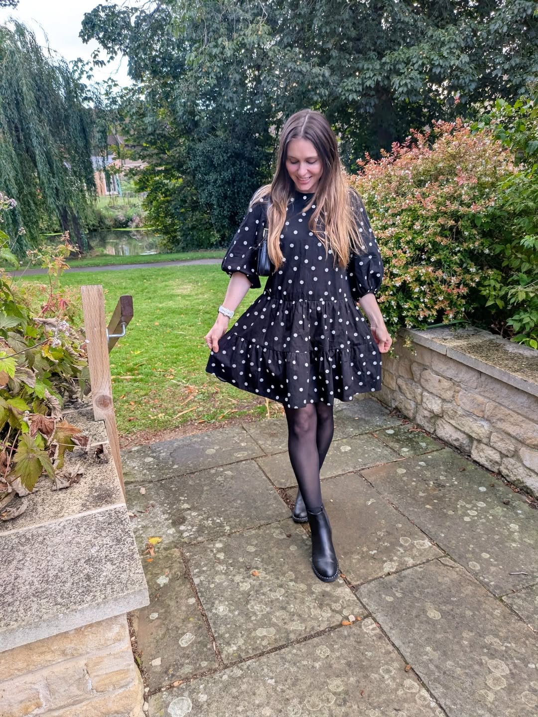 Polka Dot Babydoll Dress With Black Tights