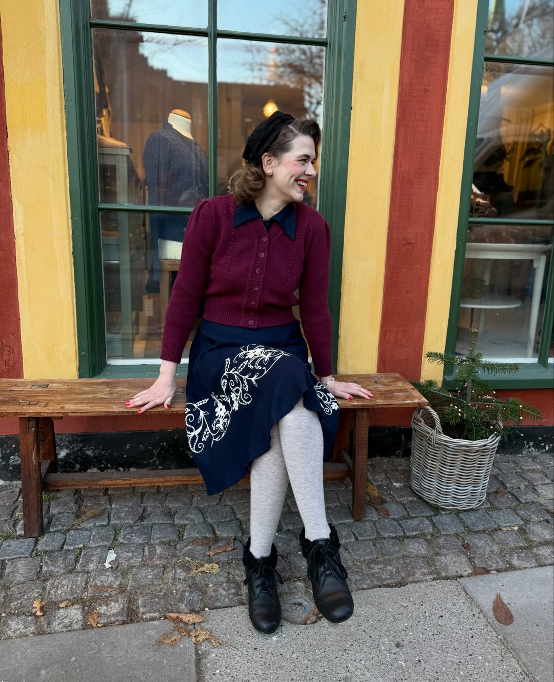 Burgundy Cardigan Over Collared Top With Embroidered Midi