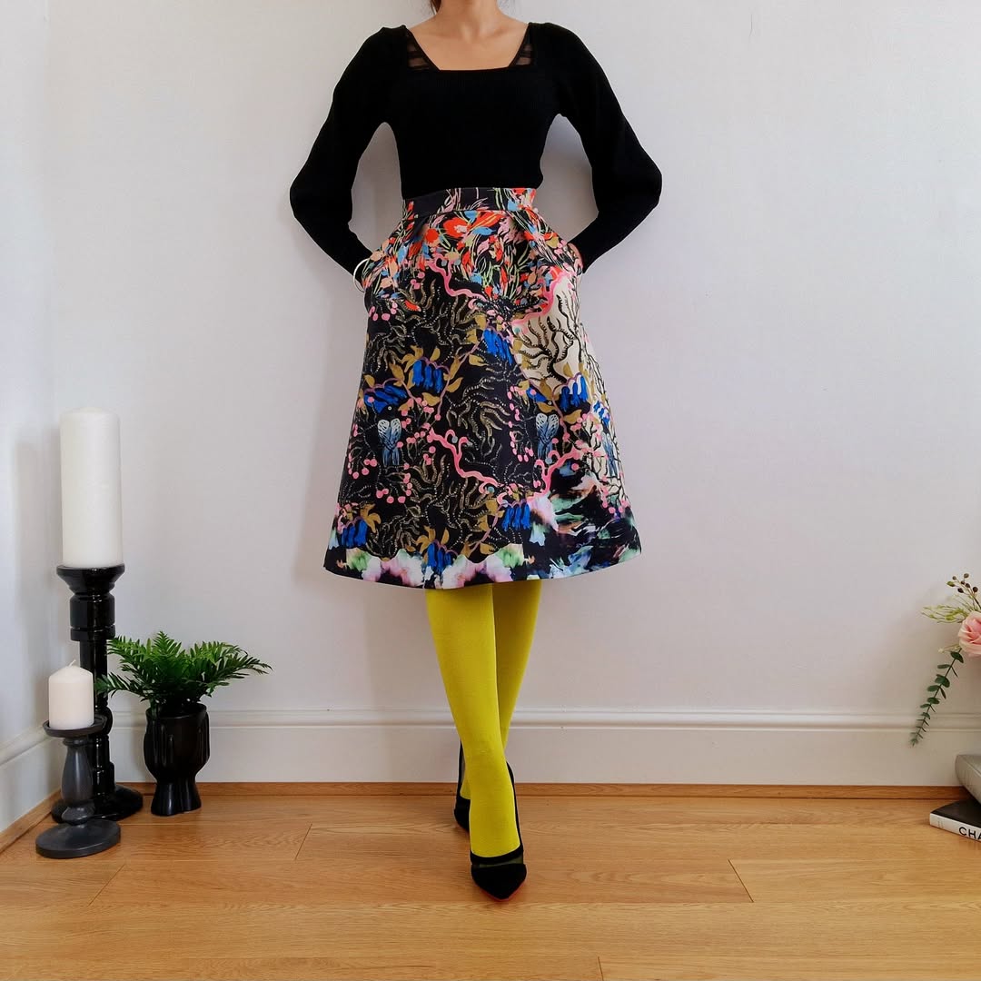 Bold Patterned Midi Skirt With Bright Tights