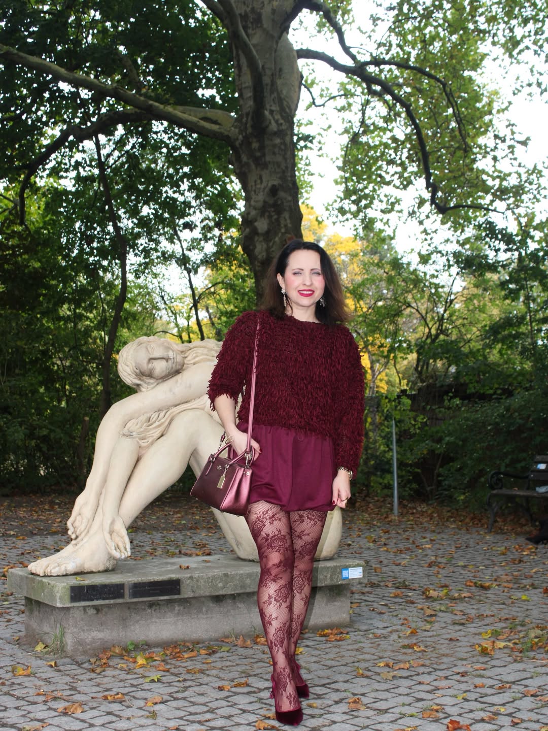Burgundy Textured Knit With Satin Skirt And Lace Tights