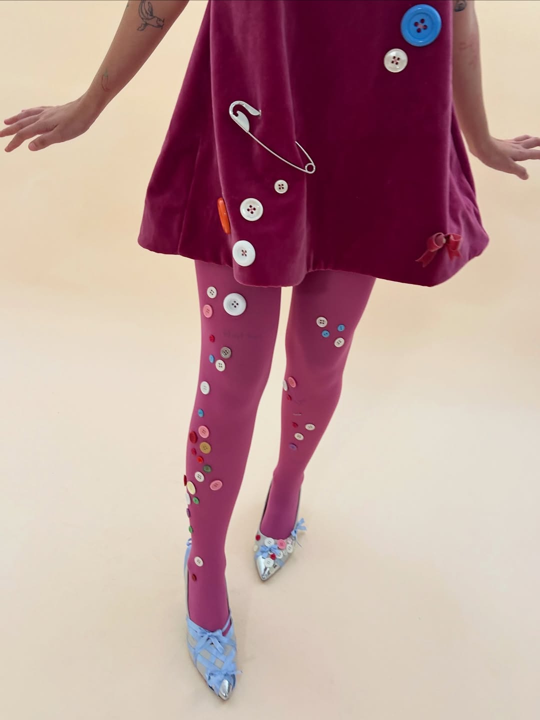Embellished Button Dress With Vibrant Tights