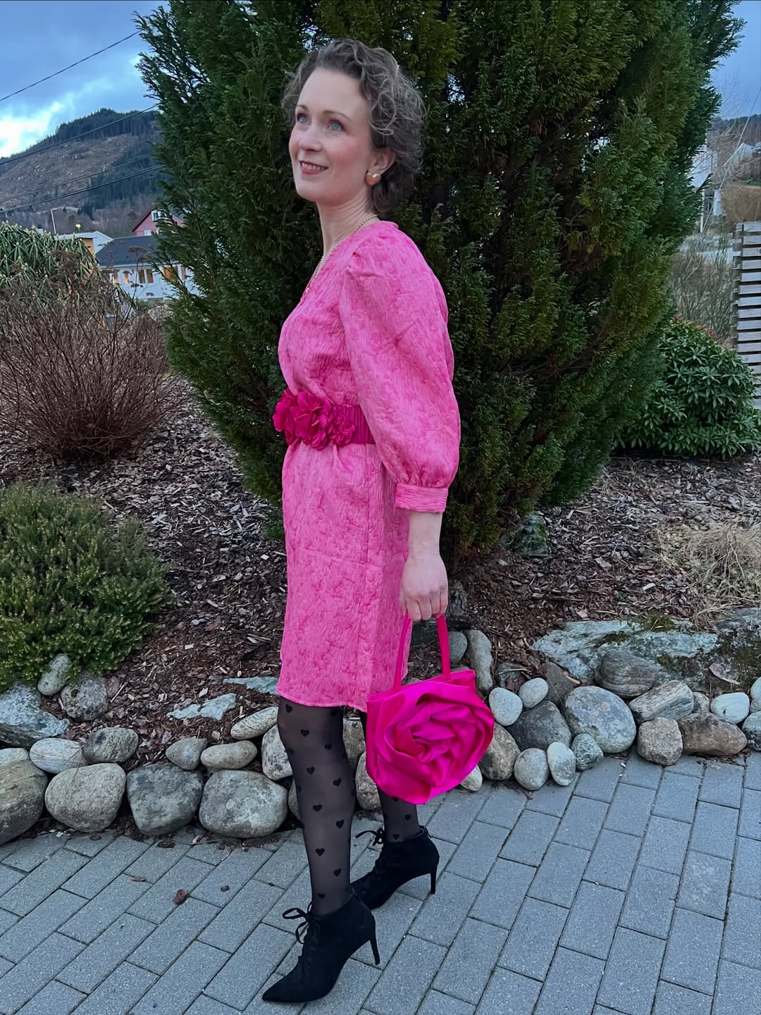 Pink Textured Dress With Heart Print Tights