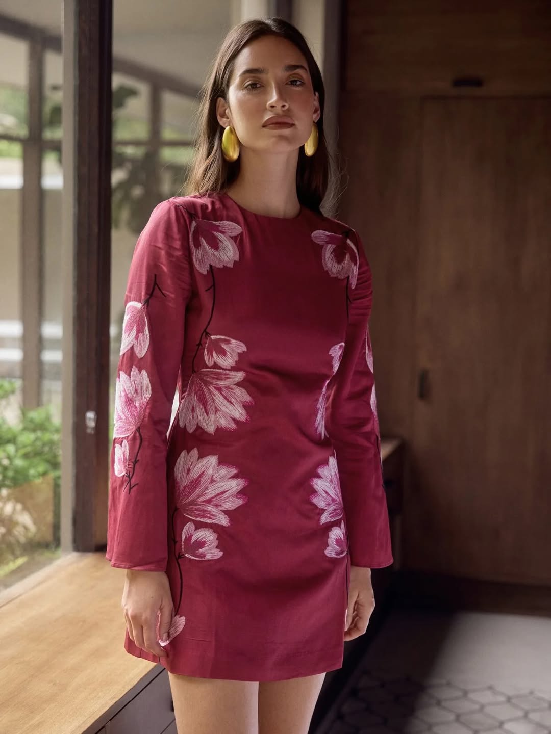 Floral Print Mini Dress With Bold Statement Earrings