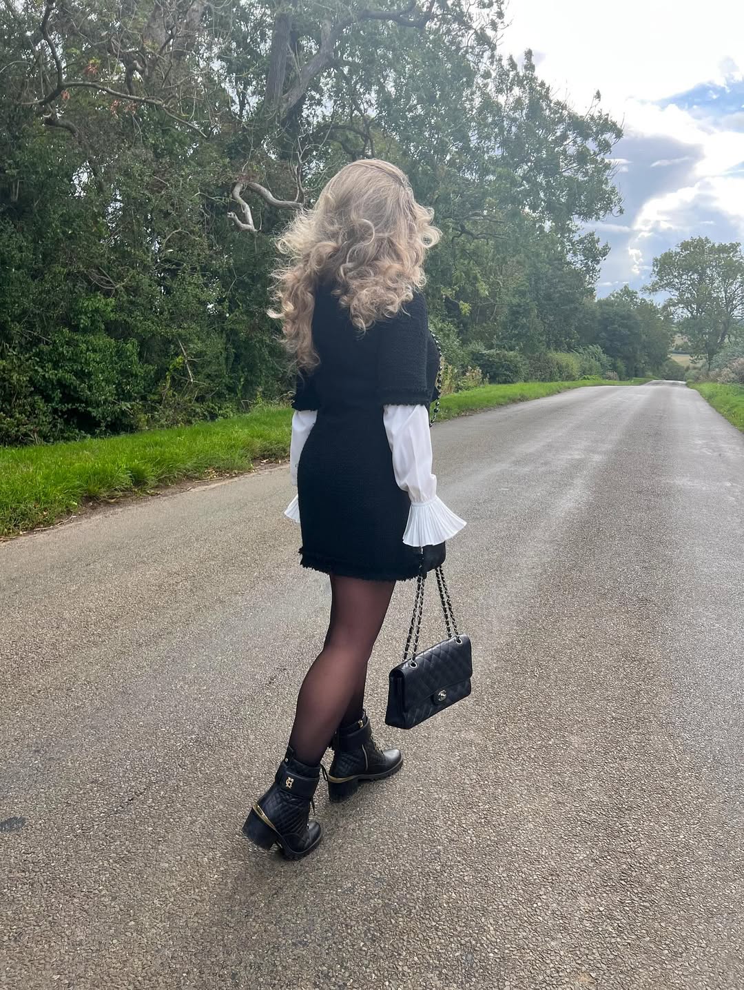 Tweed Mini Dress With Flared Cuffs And Combat Boots