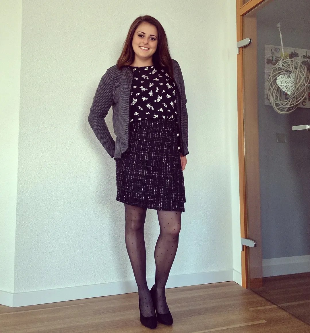 Polka Dot Tights With A Textured Dress And Blazer