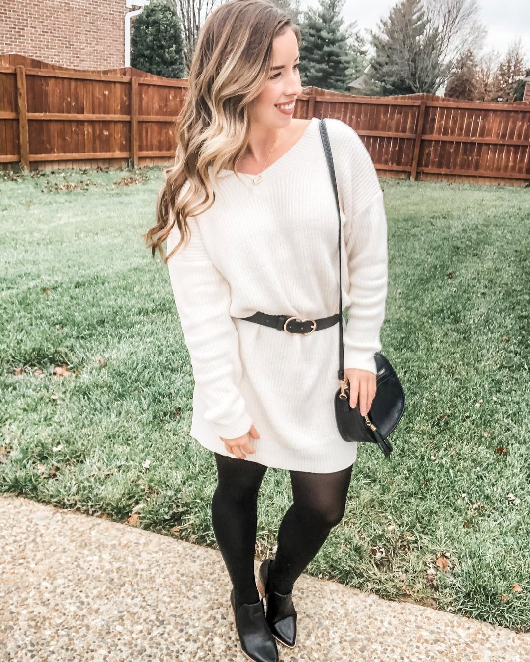 Cream Sweater Dress With Black Tights And Ankle Boots