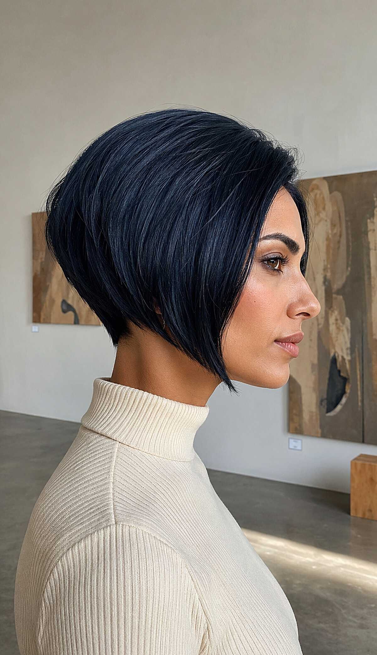 High-gloss blue-black graduated pixie bob with clean lines