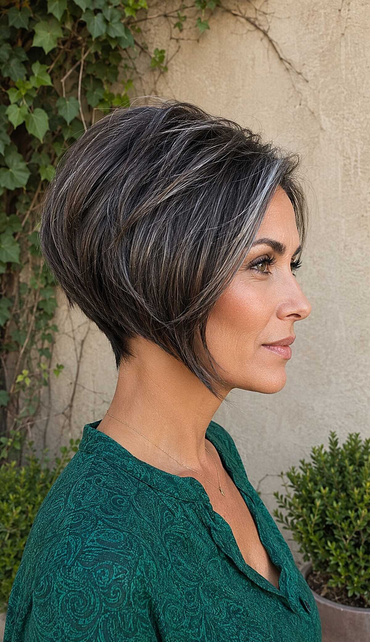 Angled graduated pixie bob in brunette with silver threads