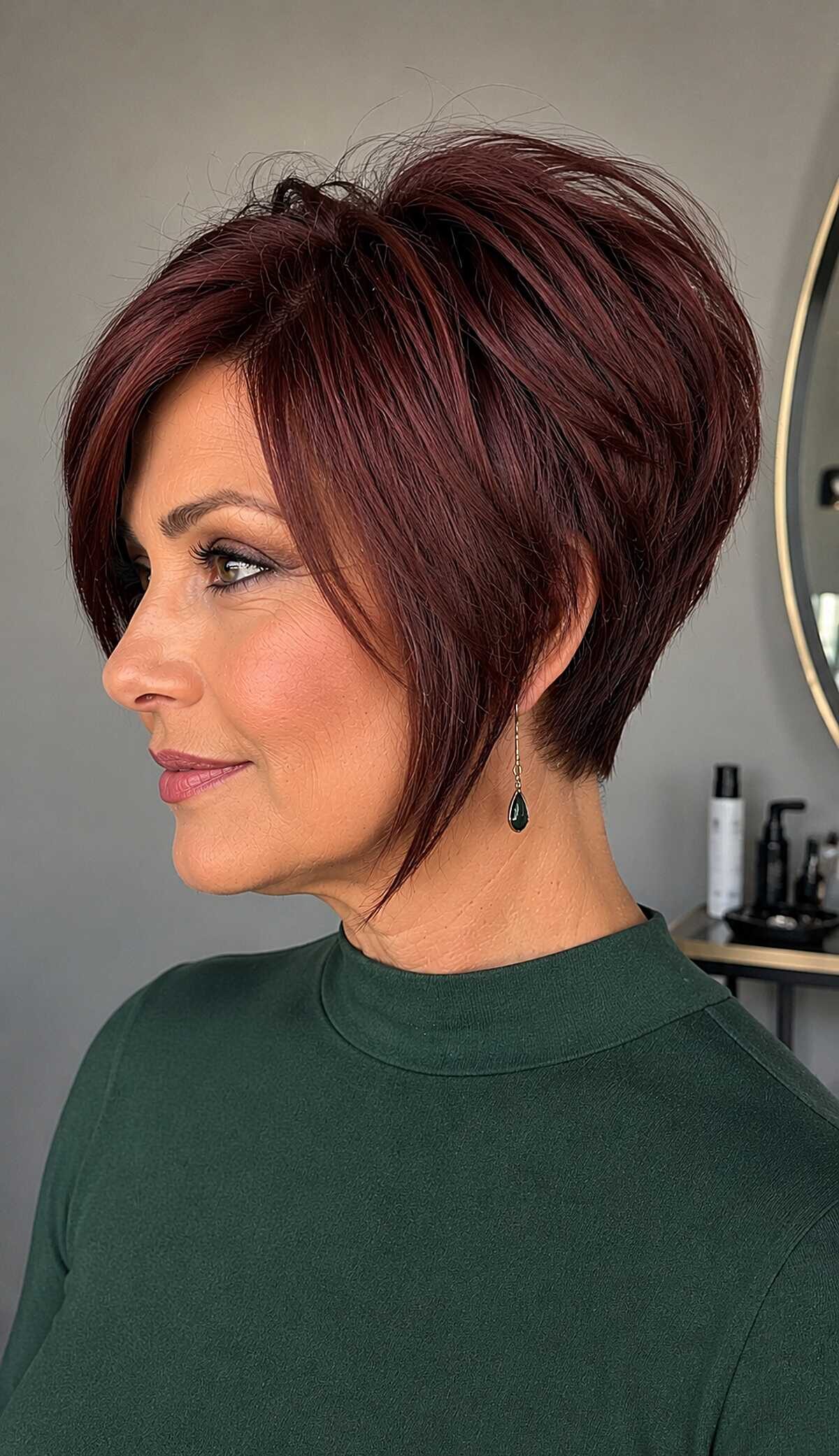 Deep merlot graduated pixie bob with long side fringe