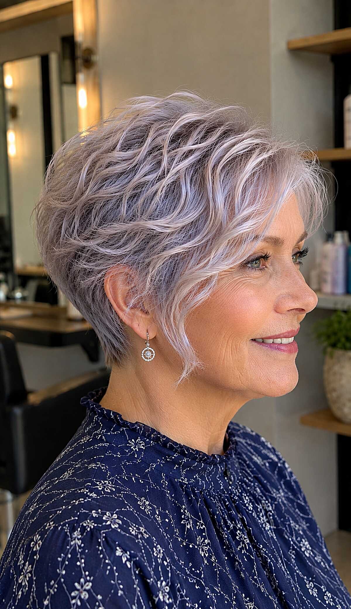 Feathered silver lavender graduated pixie bob with waves