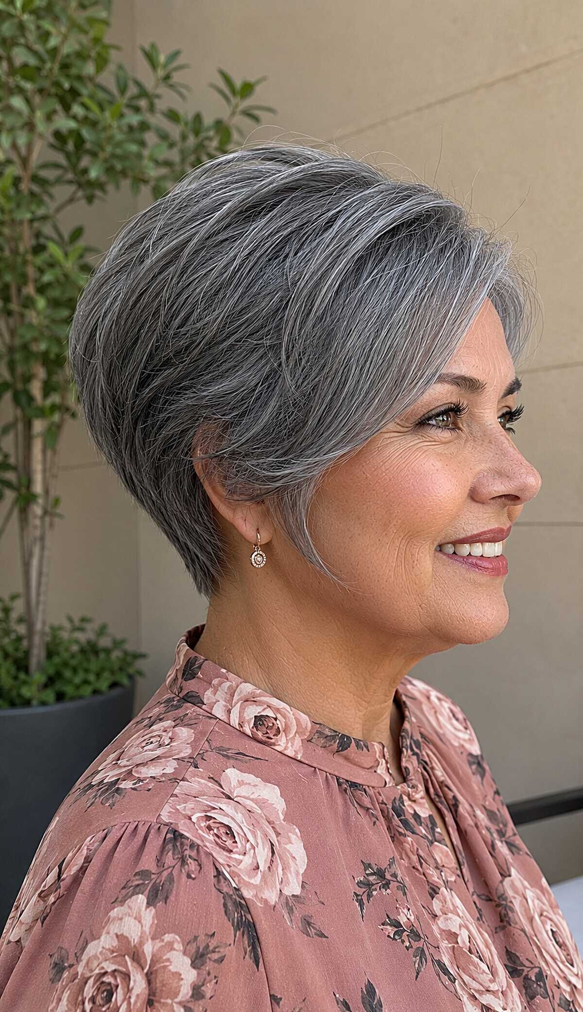 Smooth charcoal gray graduated pixie bob with side part