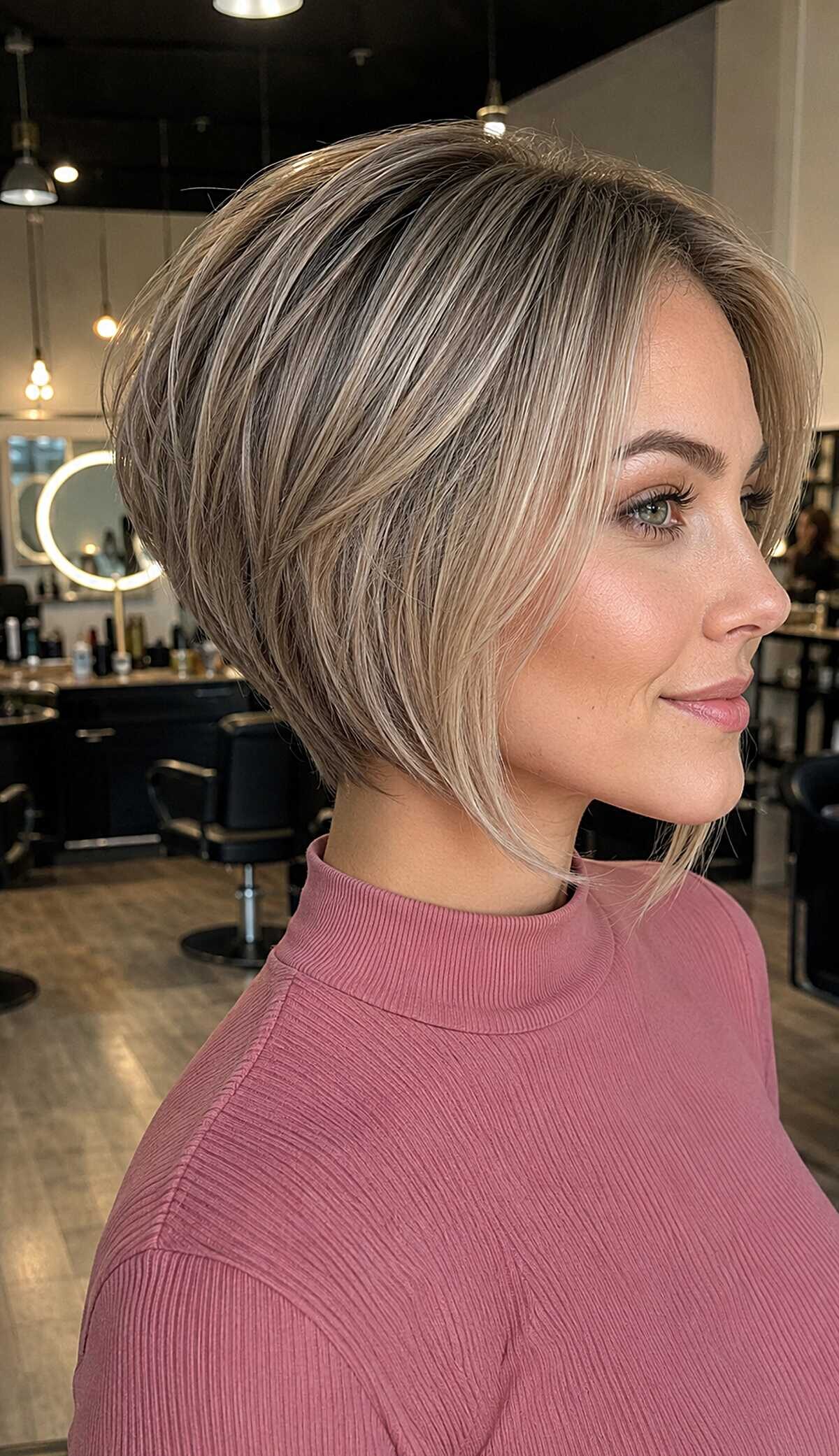 Bronde graduated pixie bob with soft face-framing layers