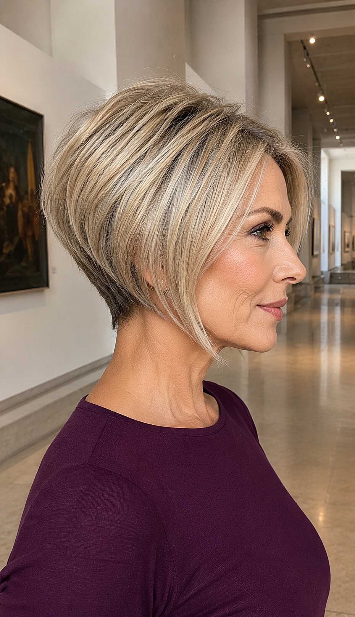 Stacked graduated pixie bob in warm honey blonde