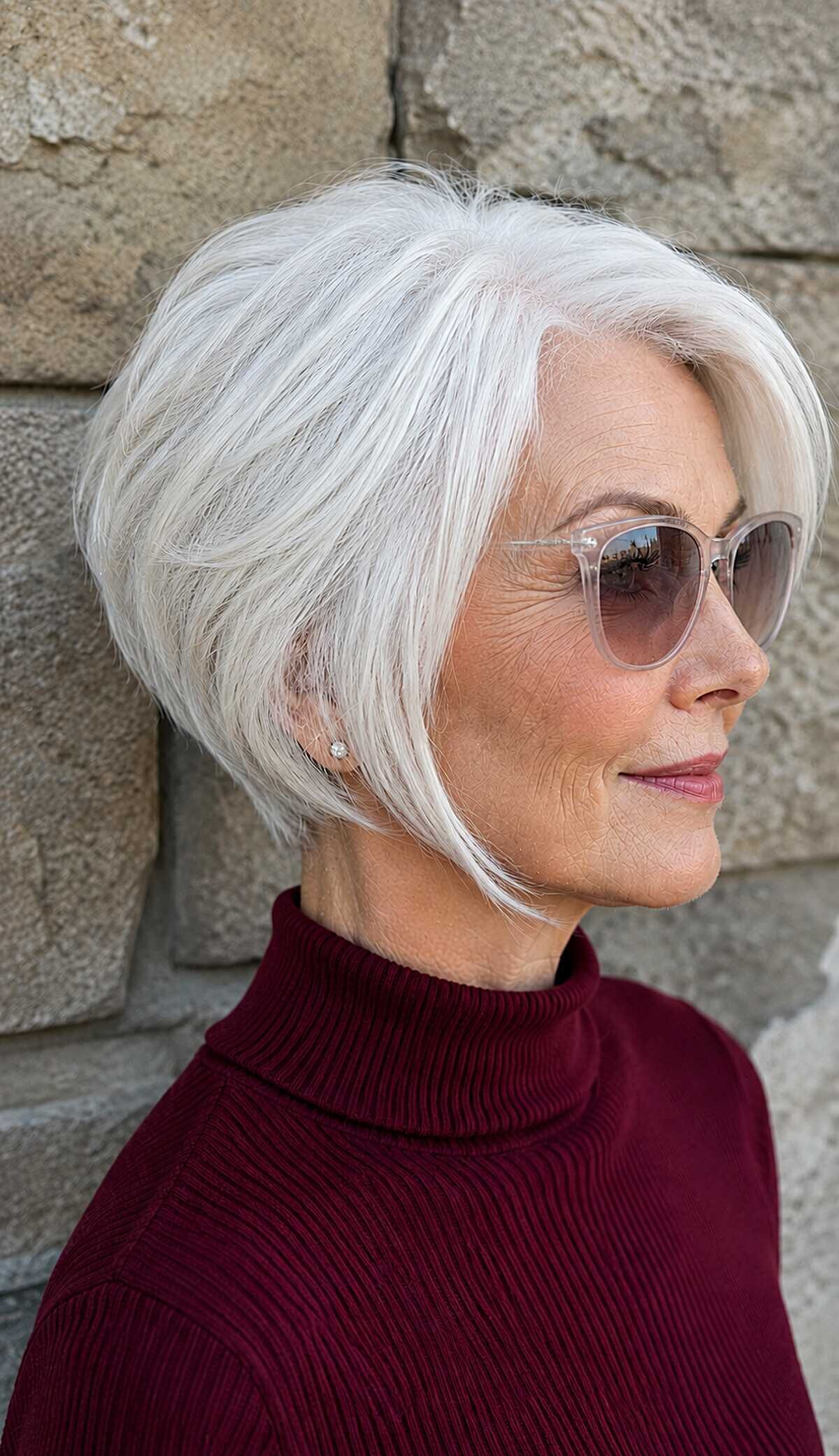Sleek white graduated pixie bob with smooth side sweep