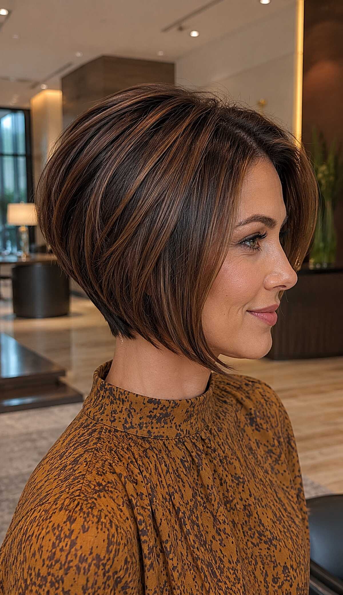 Structured graduated bob in chocolate espresso with caramel