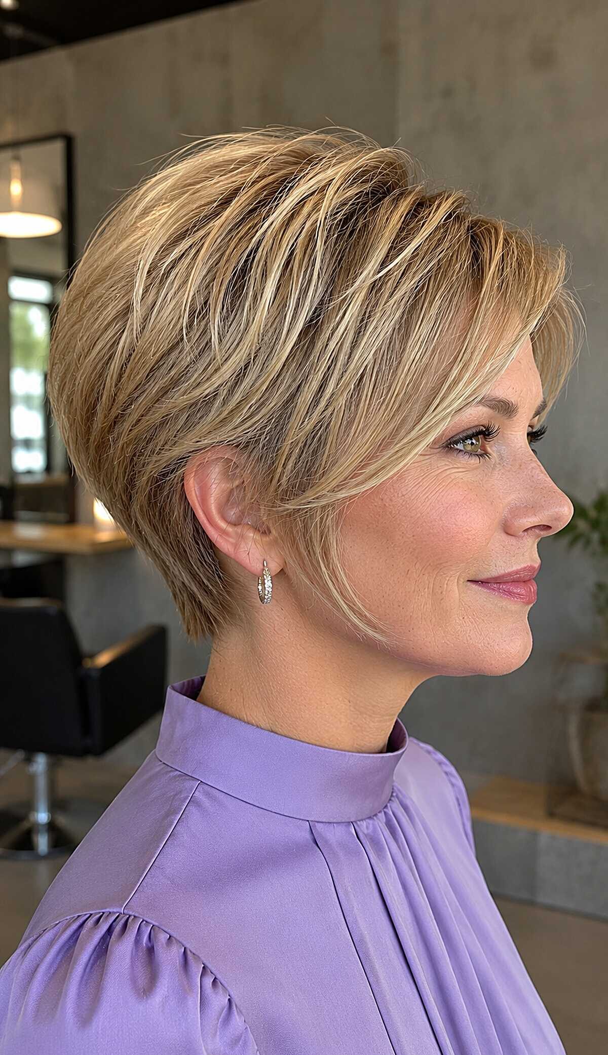 Tapered graduated pixie bob with honey caramel highlights