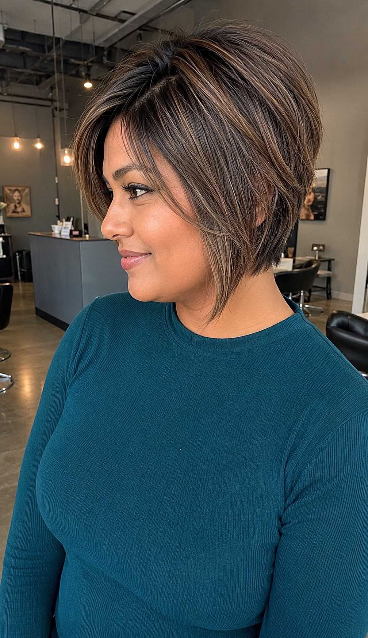 Textured graduated pixie bob with caramel highlights