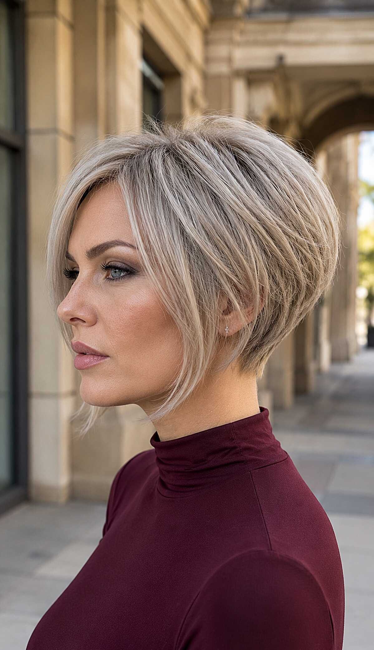 Ash blonde layered graduated pixie bob with textured fringe