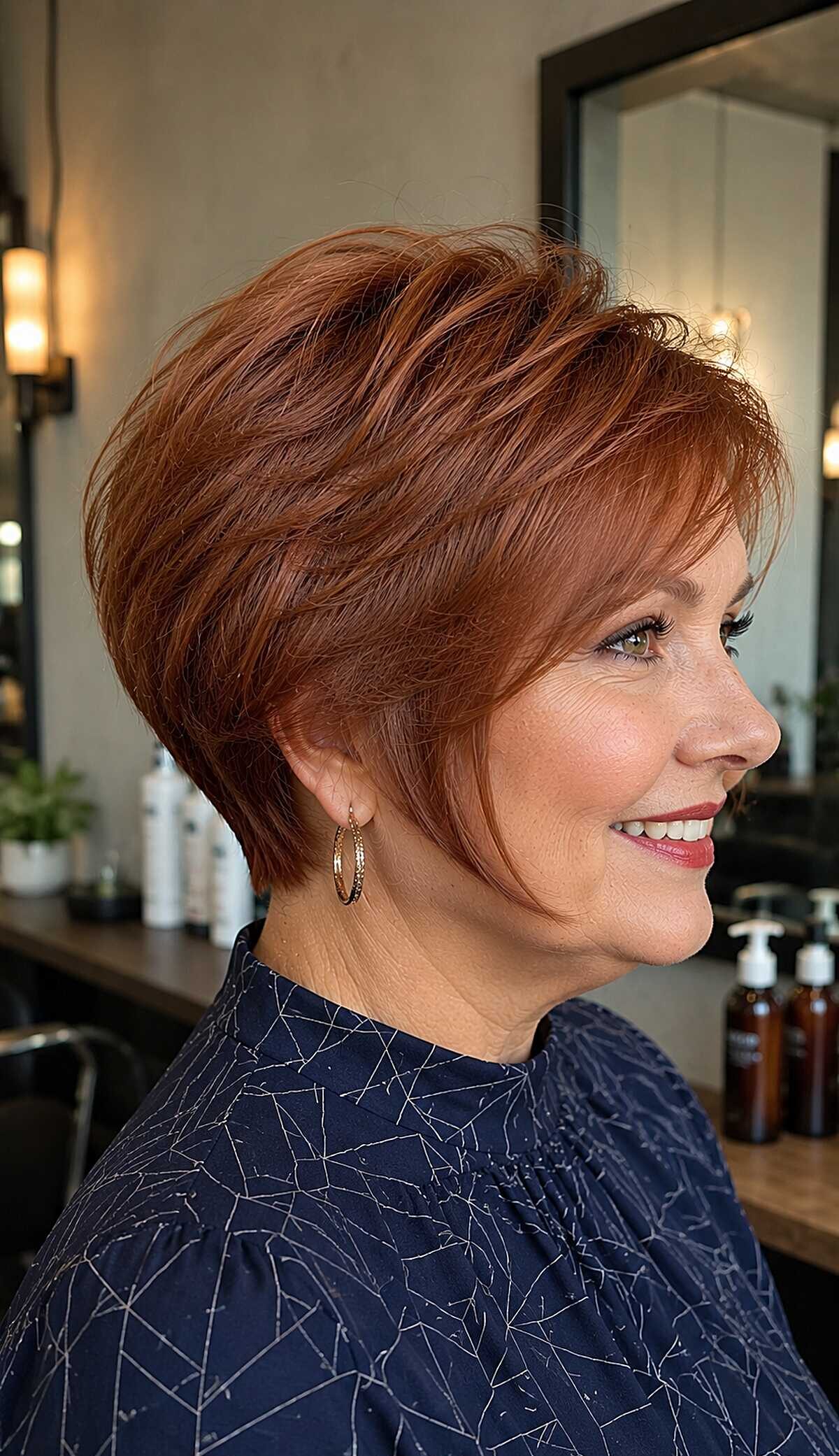 Warm auburn graduated pixie bob with crown lift