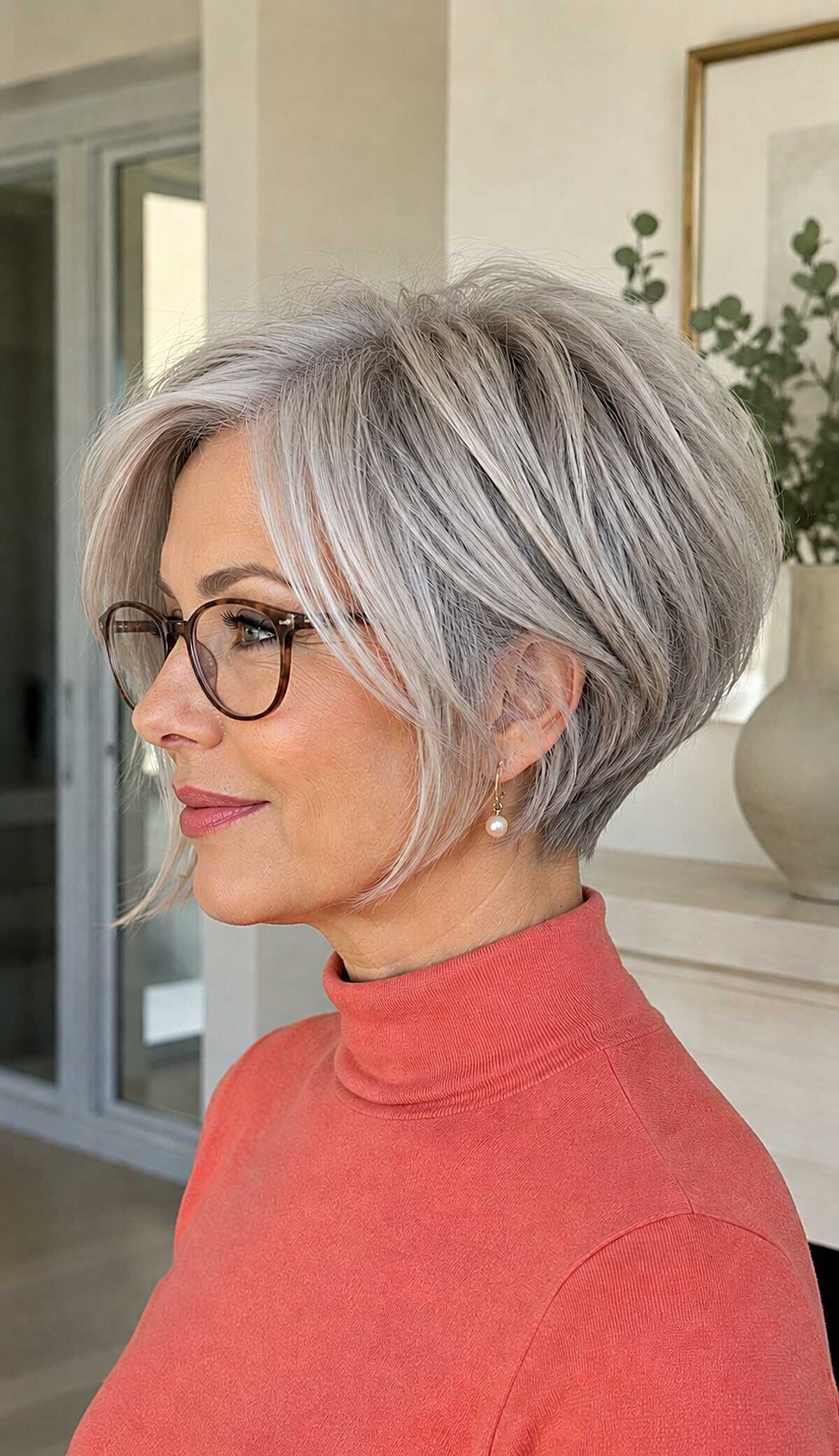 Dove gray textured graduated pixie bob styled with glasses