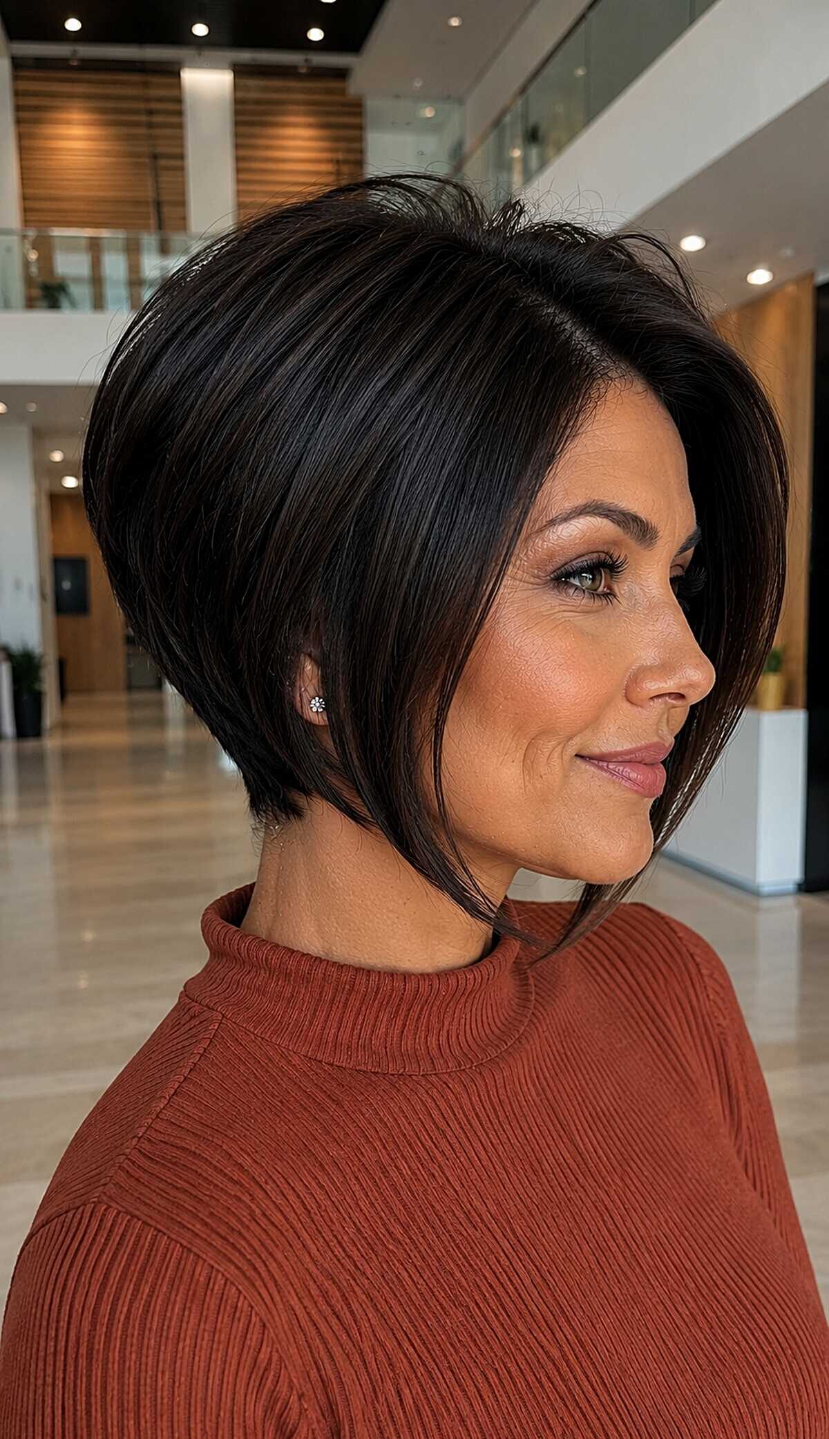 Sculpted graduated pixie bob in deep espresso brown