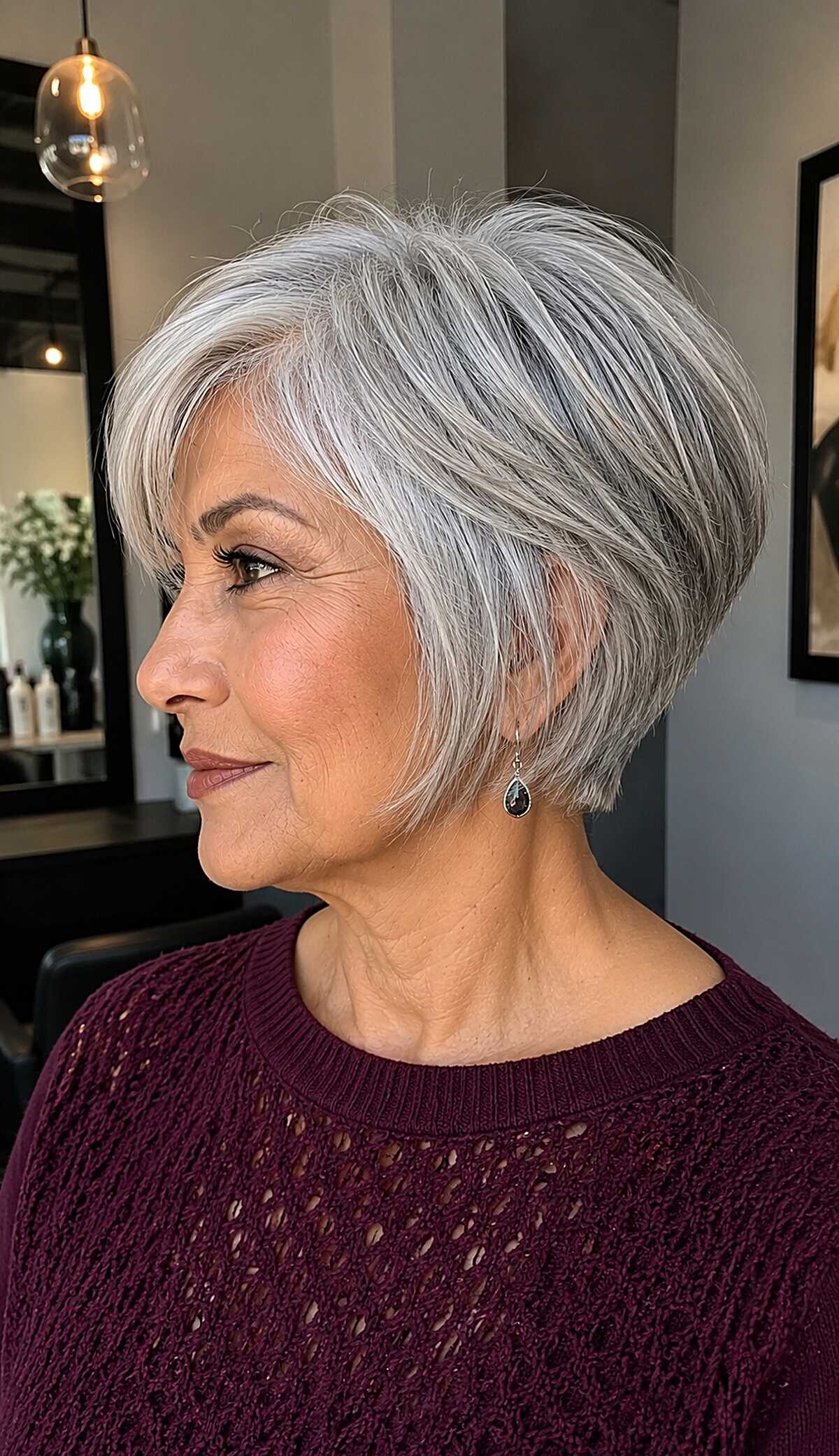 Salt and pepper layered graduated pixie bob with bangs