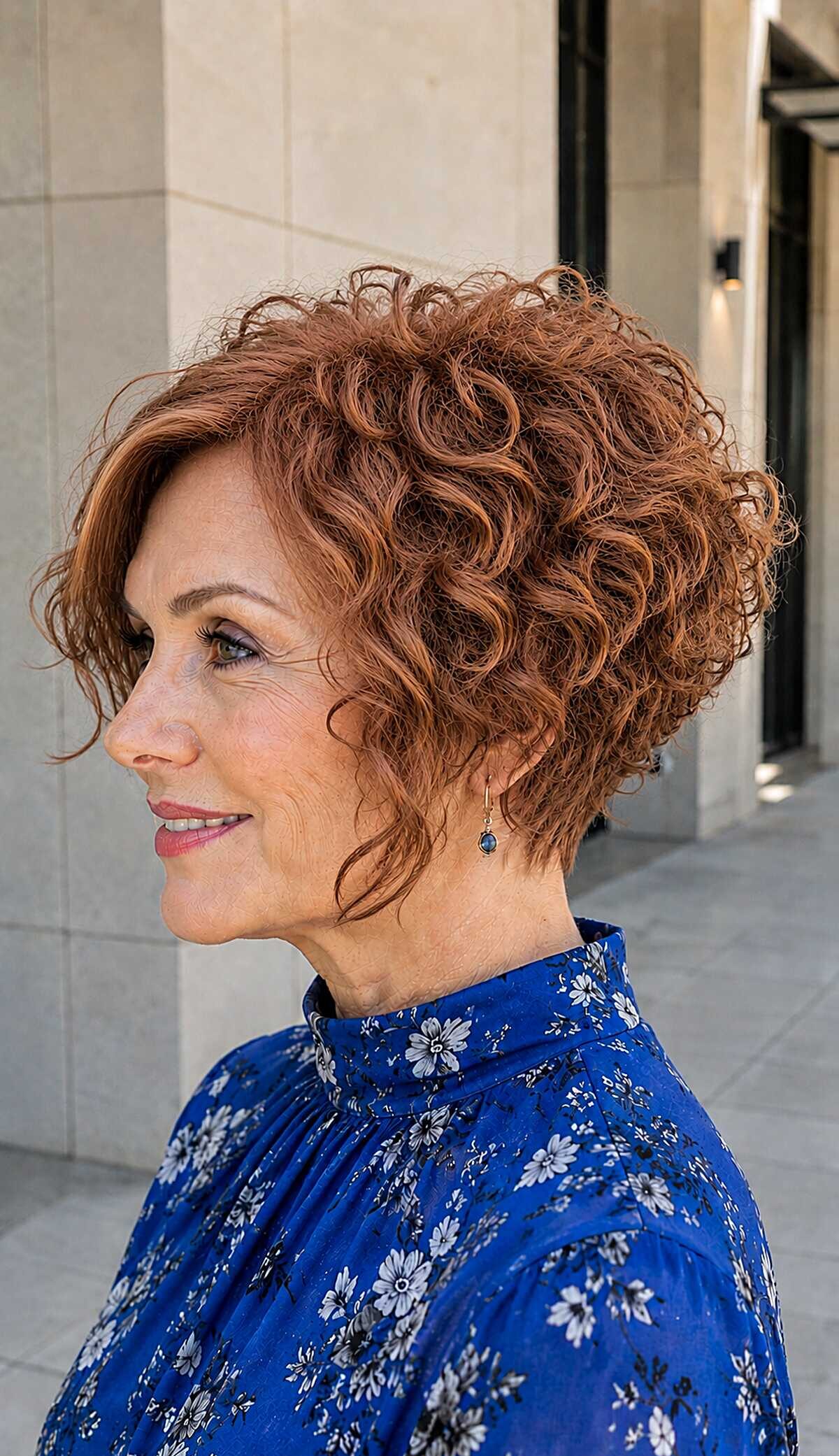 Graduated pixie bob with copper curly texture and stacked back