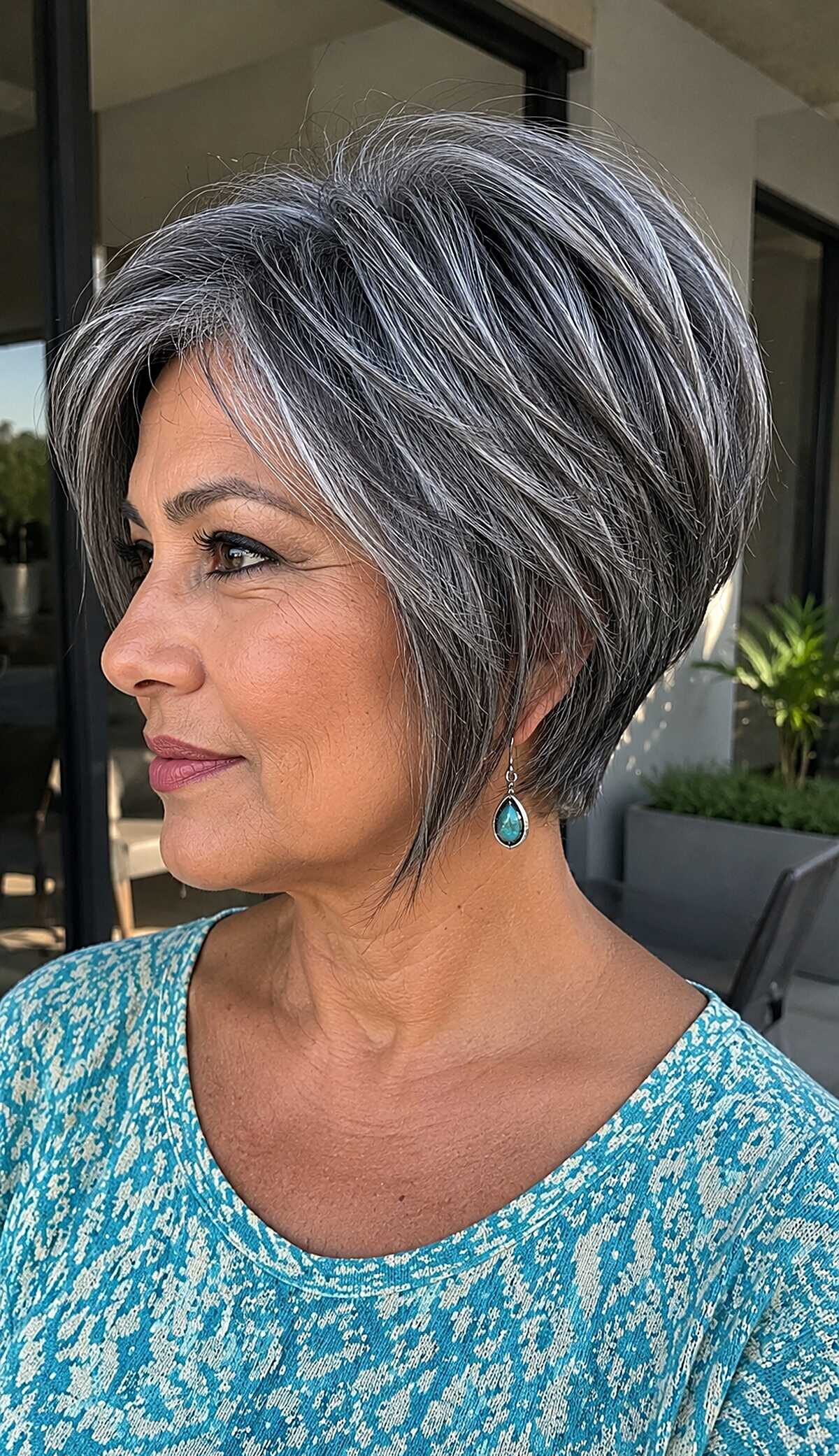 Dark salt and pepper angled graduated pixie bob
