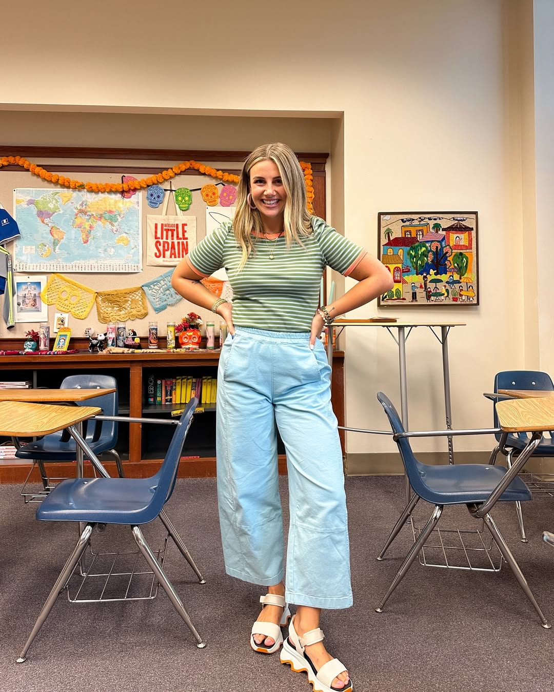 Casual Striped Top With Wide Leg Trousers Look