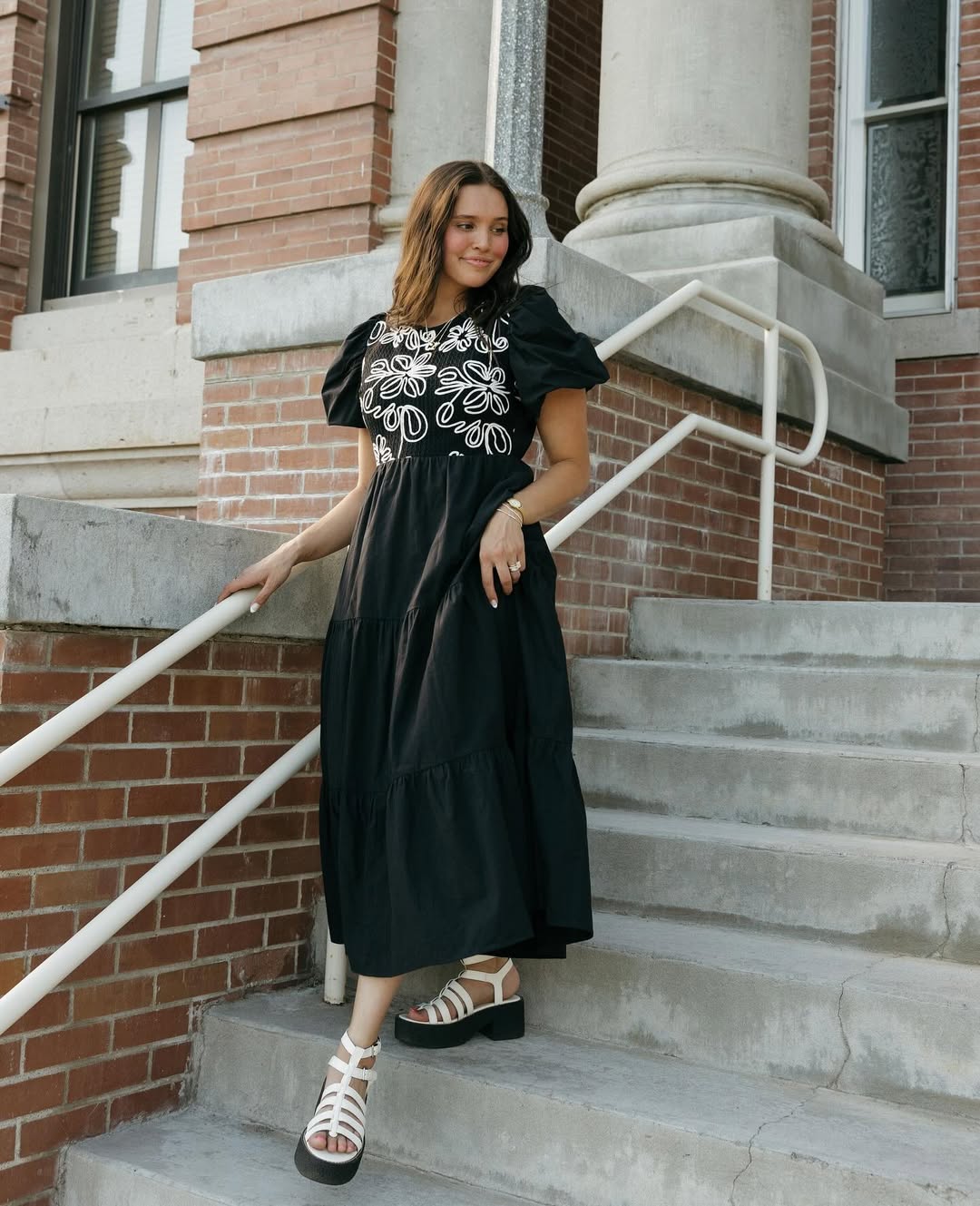Embroidered Black Tiered Midi Dress With Platform Sandals