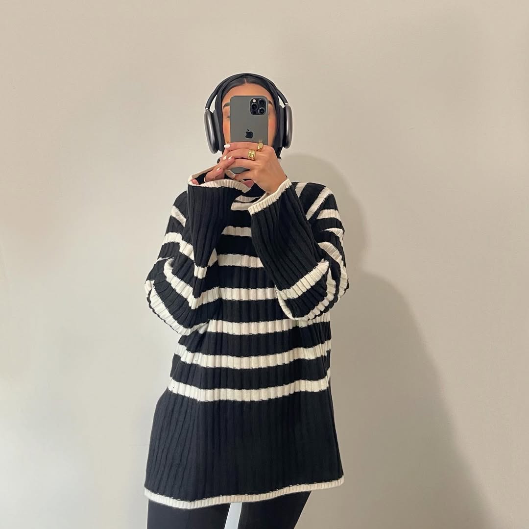 Monochrome Striped Knit With Black Leggings