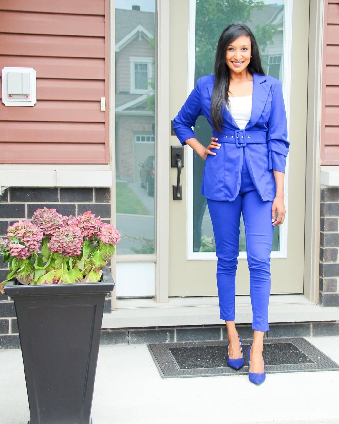 Vibrant Blue Belted Blazer And Trouser Power Suit