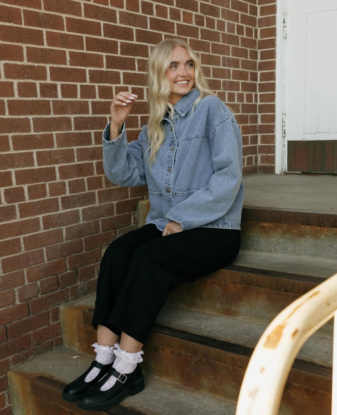 Denim Jacket, Wide Leg Trousers and Mary Janes