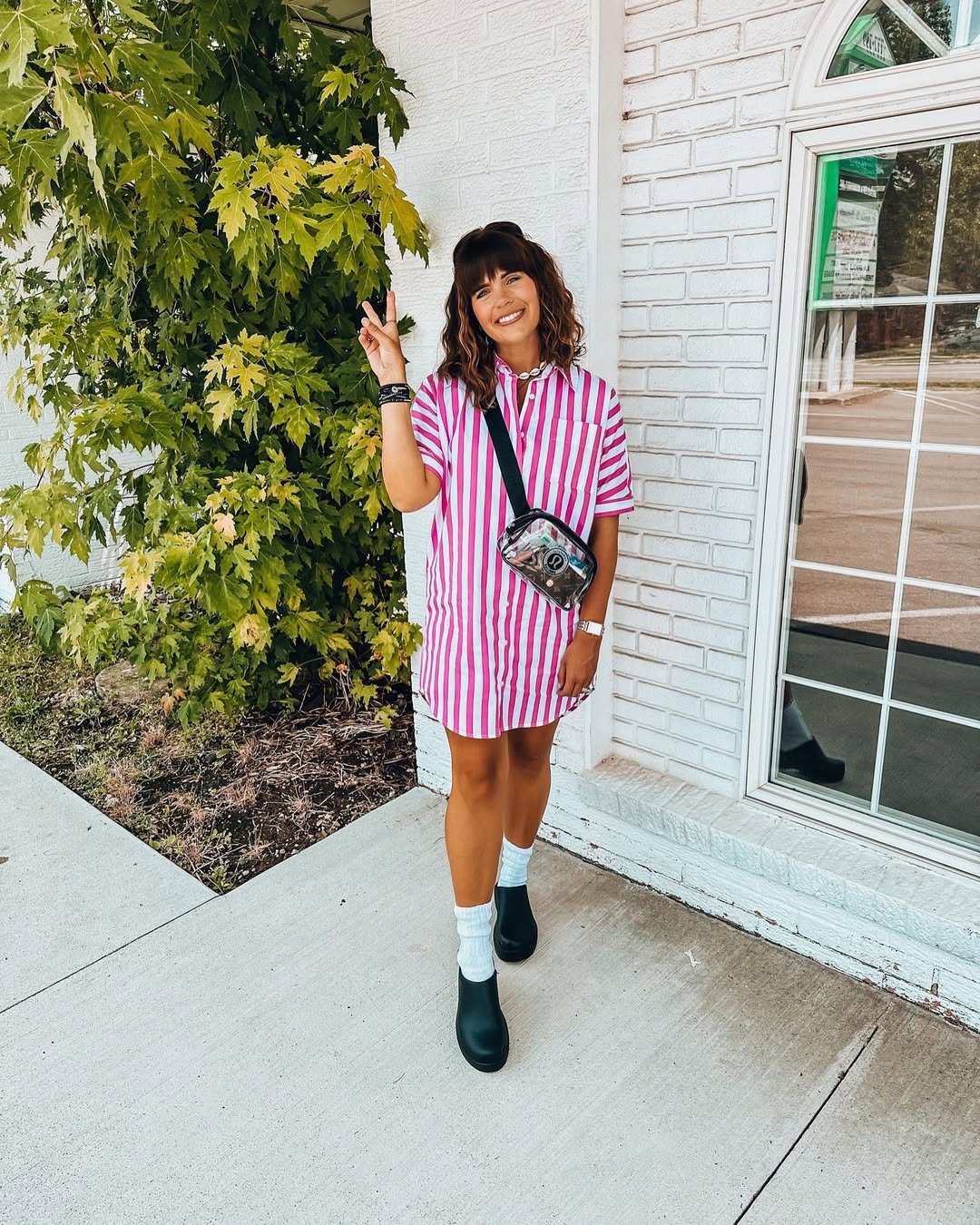 Pink Stripe Shirt Dress With Black Boots