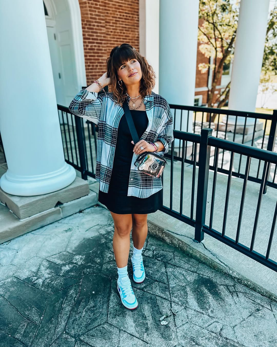 Casual Plaid Layer Over Black Mini Dress