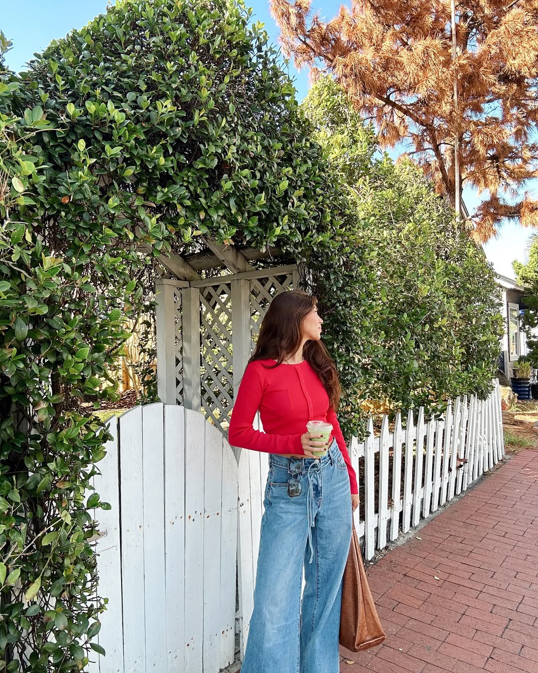 Red Cardigan And Wide Leg Jeans Casual Look