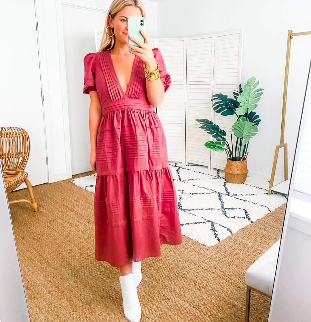 Puff Sleeve Tiered Midi Dress With White Ankle Boots