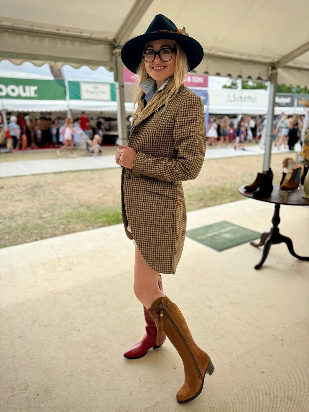 Tweed Blazer With Knee-High Boots And Fedora