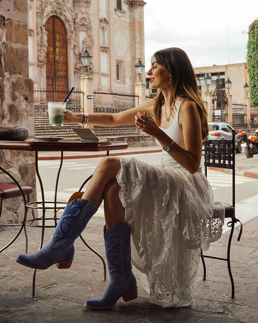 Cowboy Boots With White Lace Dress Street Style