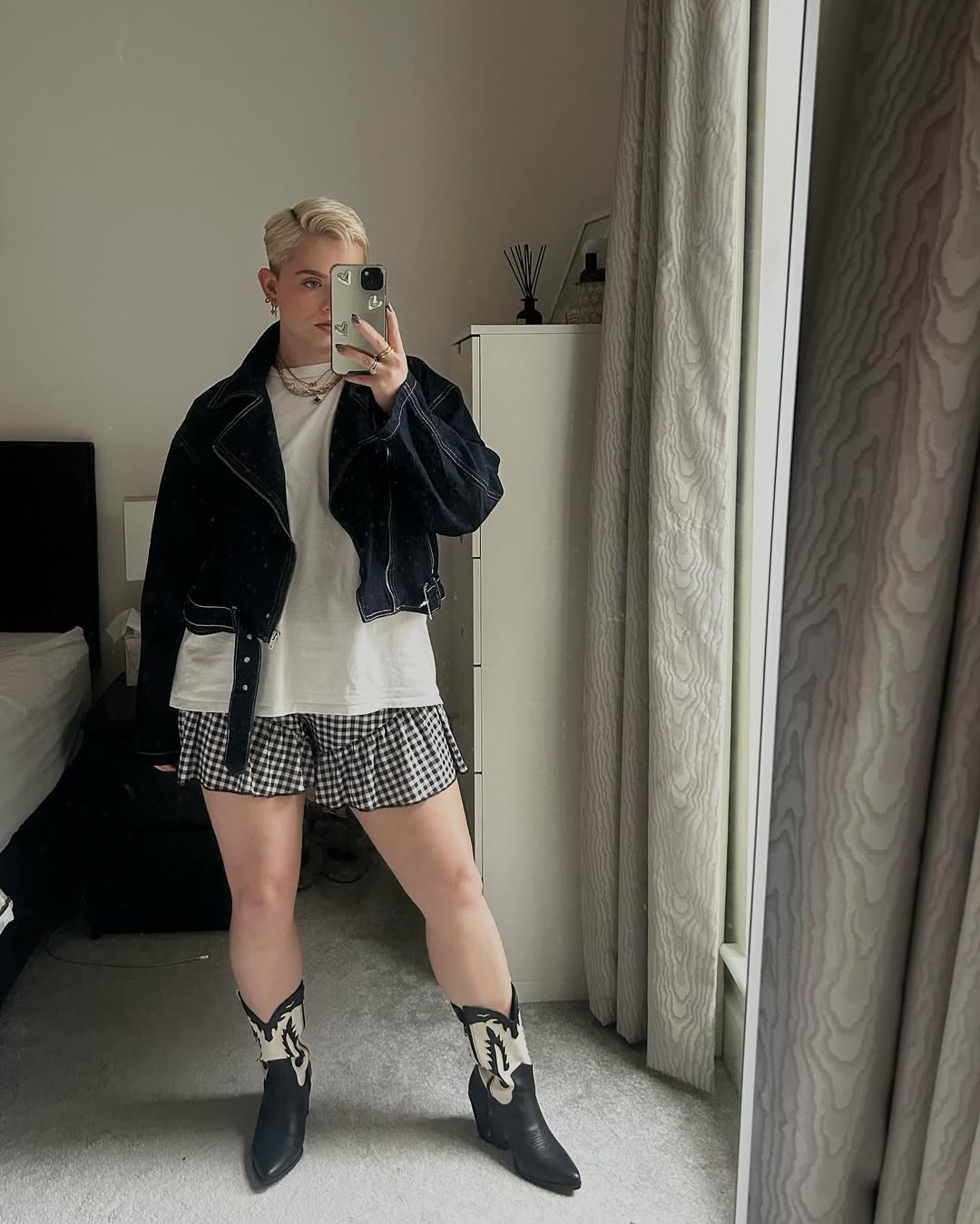 Denim Jacket With Gingham Shorts And Cowboy Boots