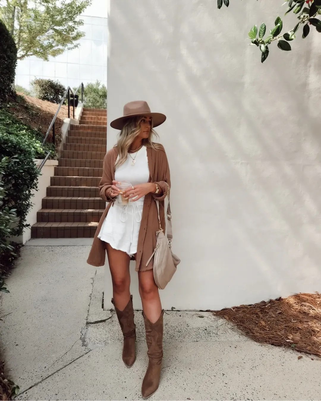White Mini Dress With Cowboy Boots And Fedora