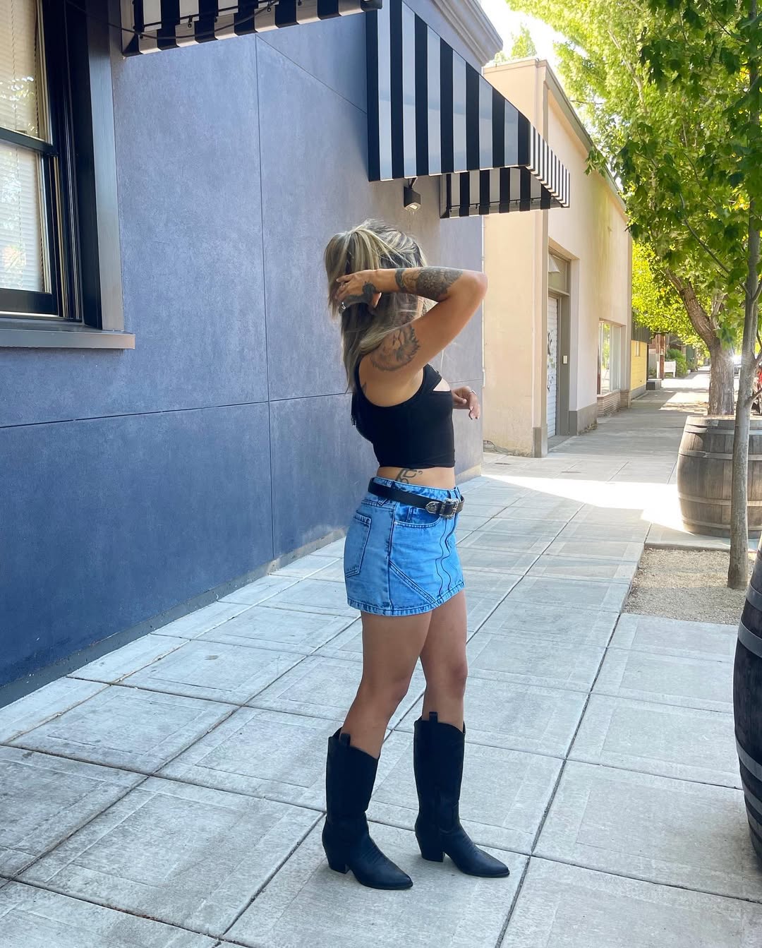 Denim Mini Skirt With Black Cowboy Boots