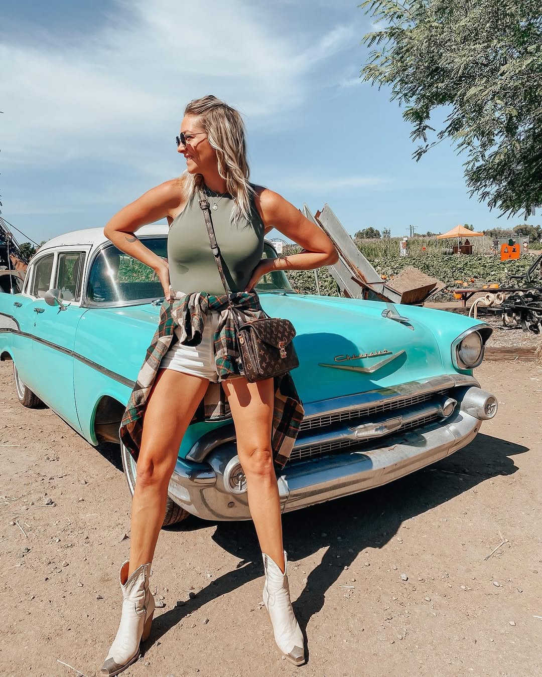 Olive Tank With White Cowboy Boots And Plaid
