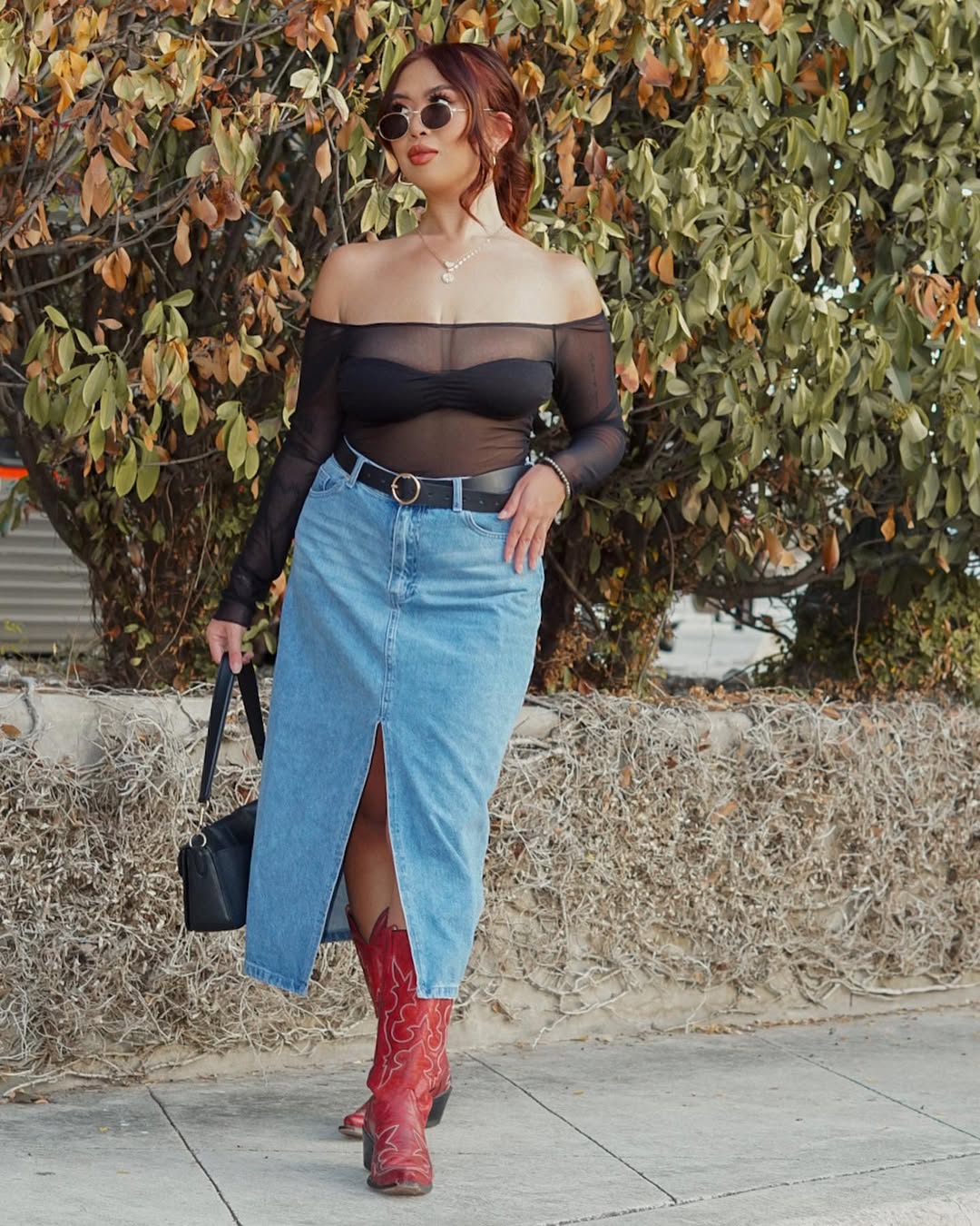 Denim Midi Skirt With Sheer Top And Cowboy Boots