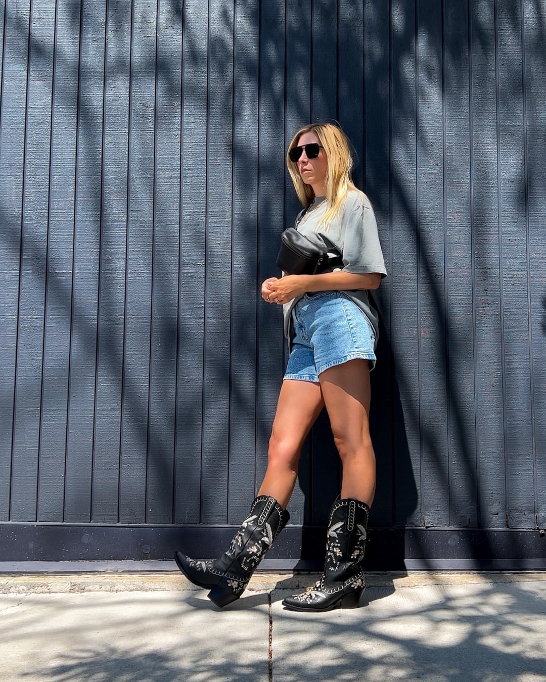 Distressed Denim Shorts With Embroidered Cowboy Boots