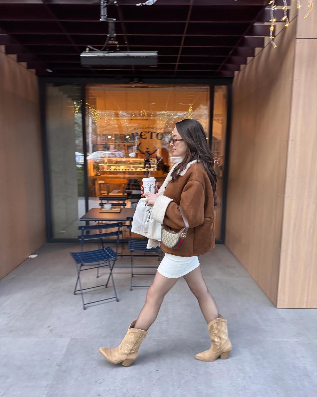 Brown Suede Shearling Jacket With White Mini Dress Cowboy Boots